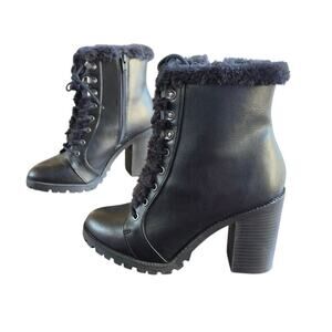 Express Faux Fur Trimmed Black Chunky Heeled Combat Platform Boots Sz 7